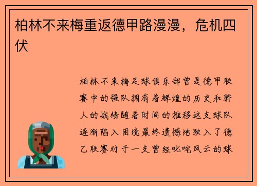 柏林不来梅重返德甲路漫漫，危机四伏